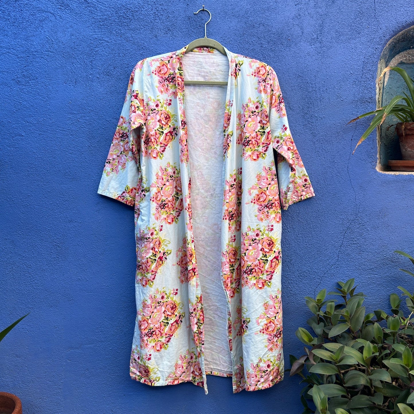 blue and pink cotton floral print robe duster