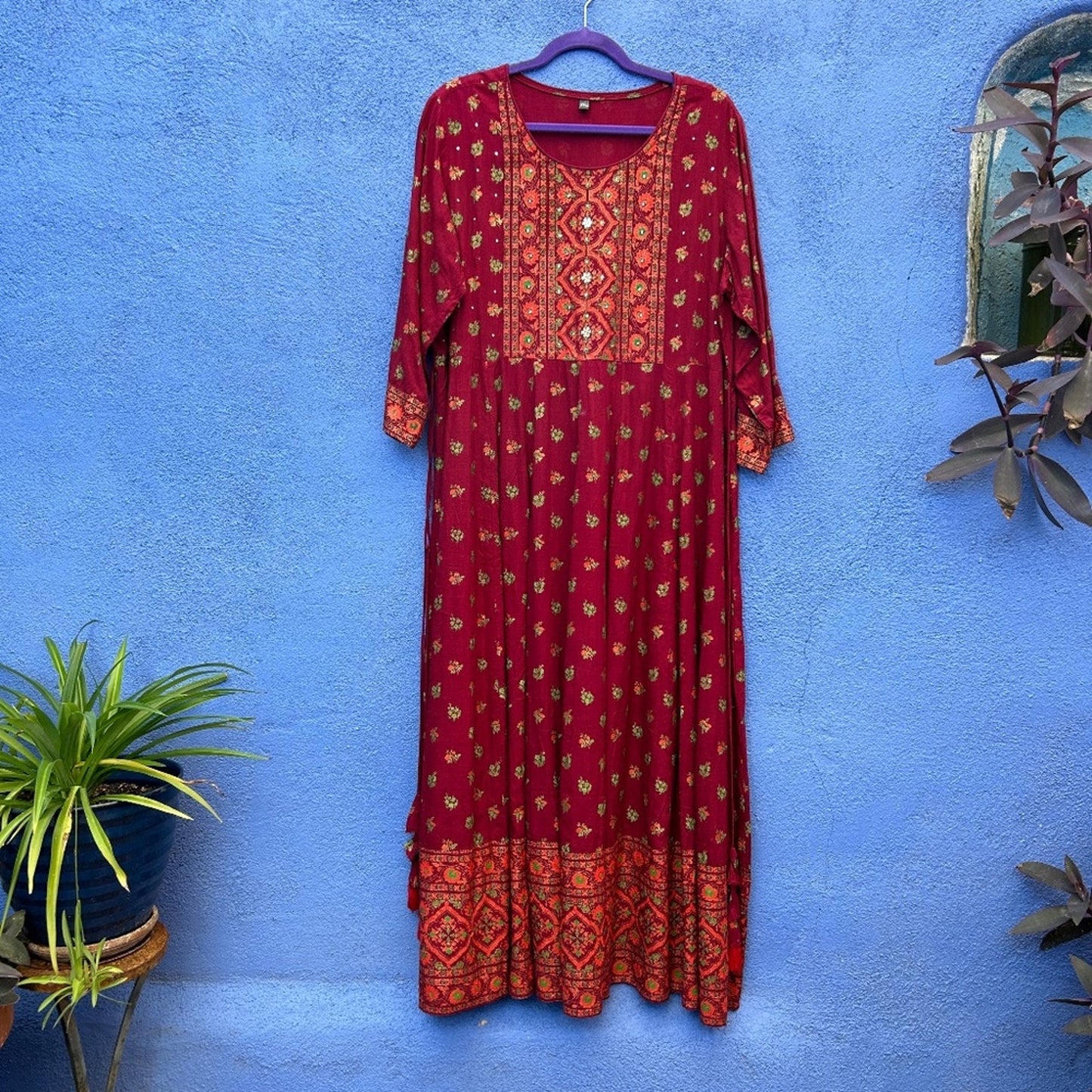 Burgundy Indian Mixed Print Boho Maxi Dress