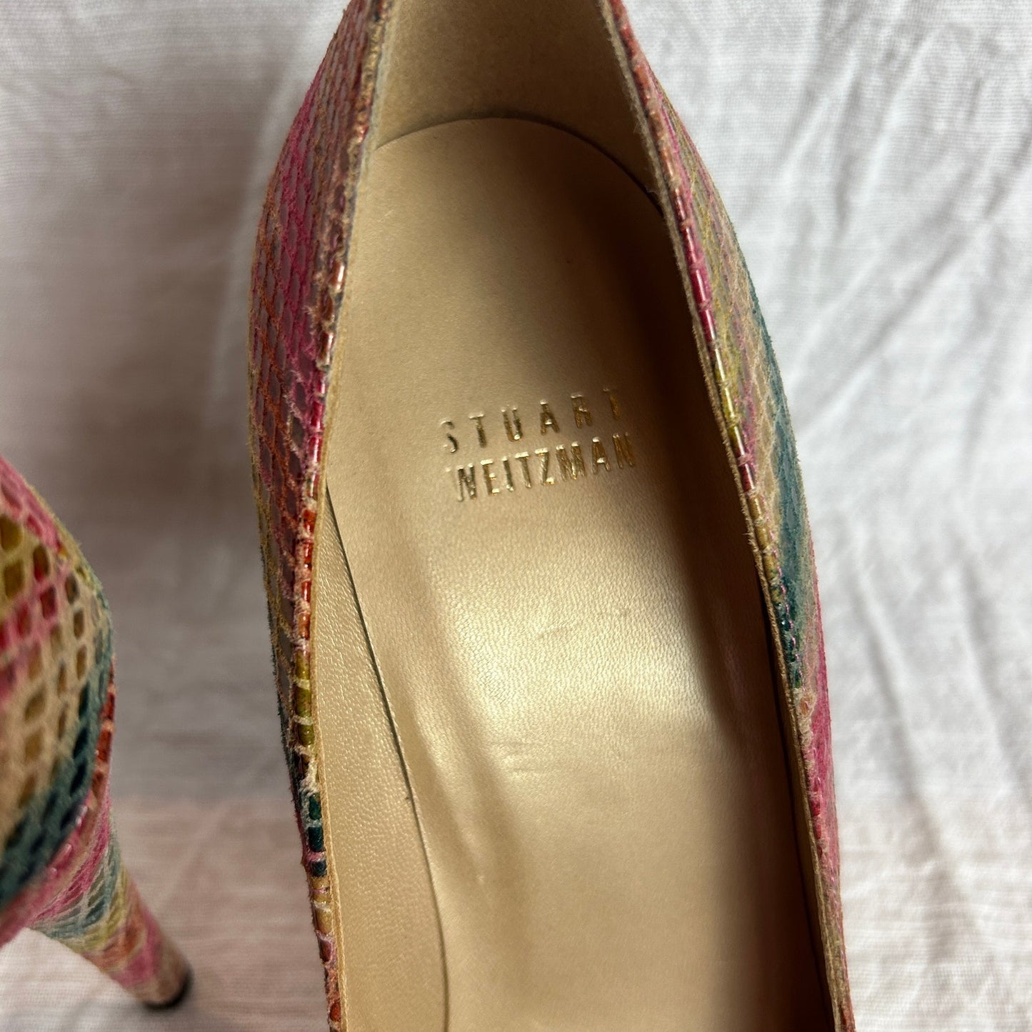 stuart weitzman rainbow snakeskin round toe pumps