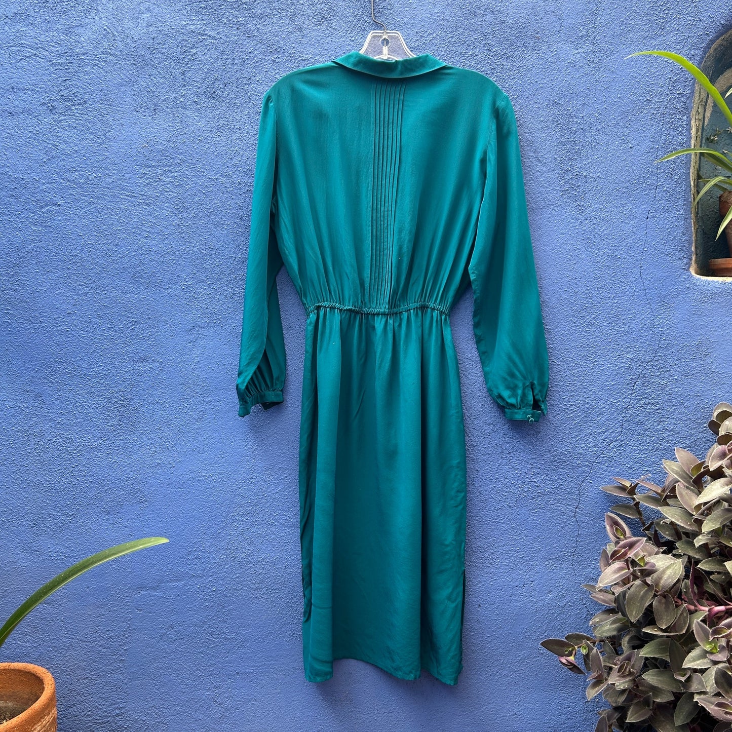 vintage teal silk pintucked midi dress