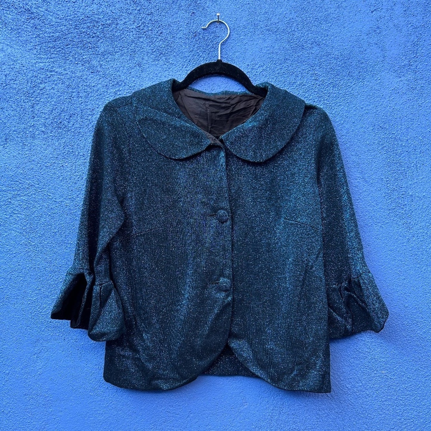 Vintage 60s Blue Metallic 3/4 Sleeve Cropped Cocktail Jacket