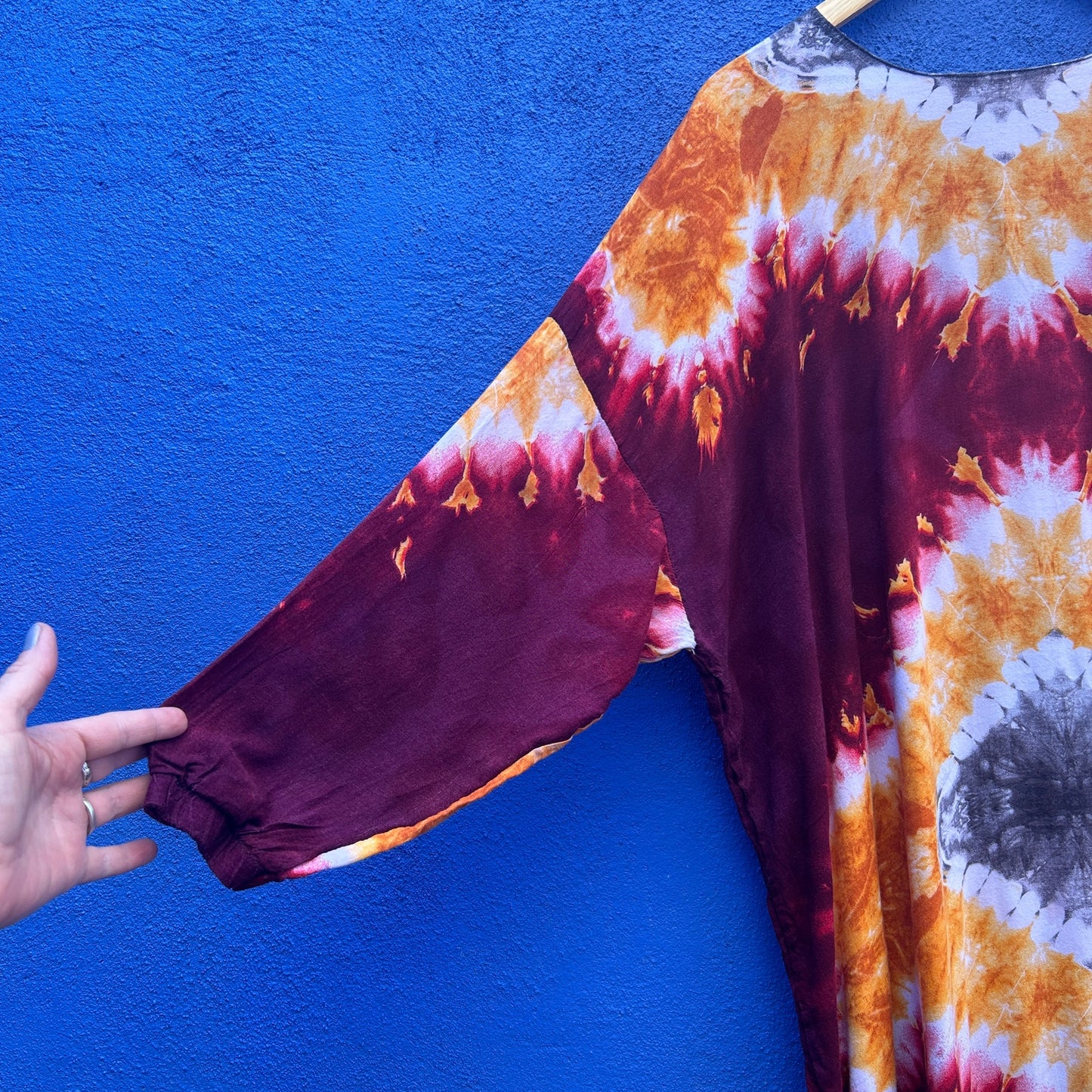 burgundy and goldenrod tie dye maxi dress