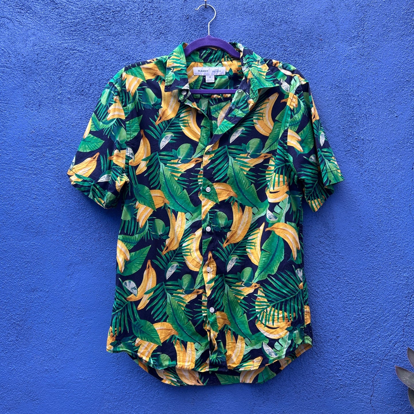 old navy slim fit banana and lime tropical button up