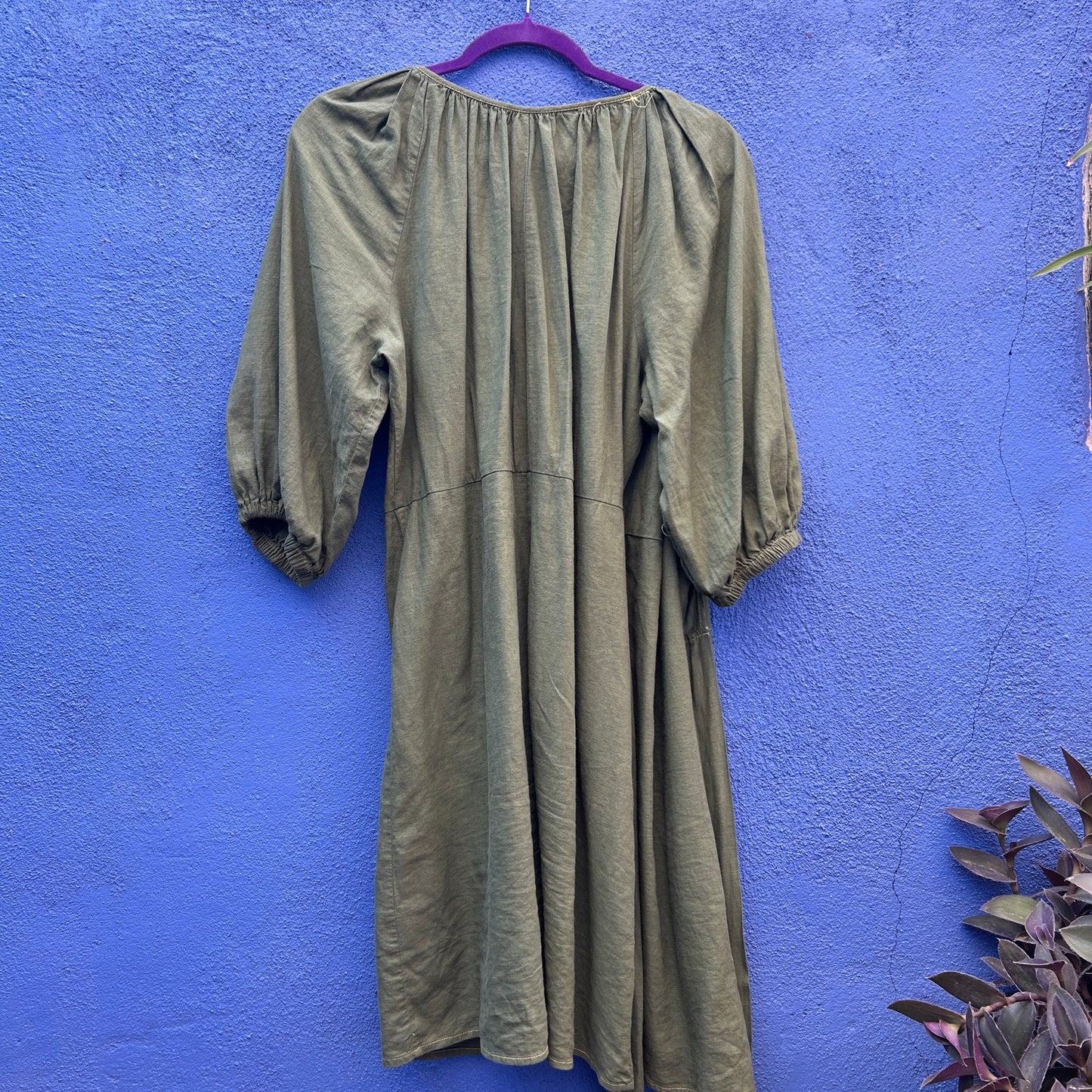 banana republic green cotton balloon sleeve wrap dress