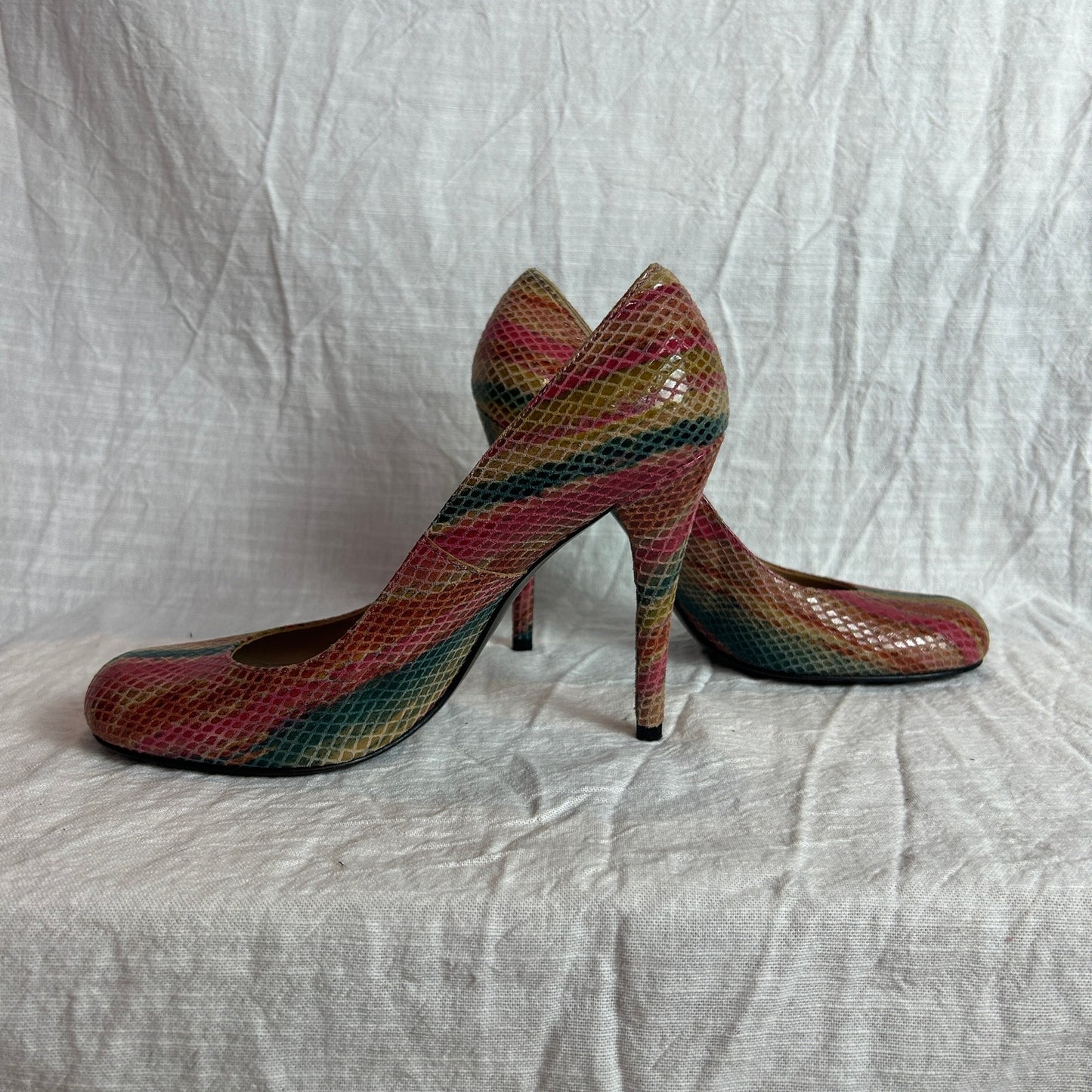 stuart weitzman rainbow snakeskin round toe pumps