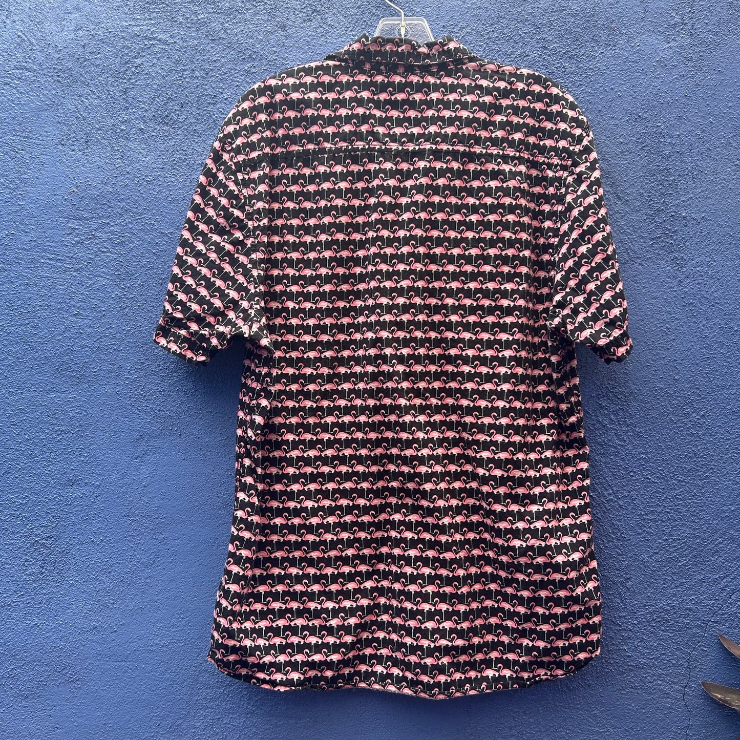 good vibes slim fitting pink flamingo short sleeve button up