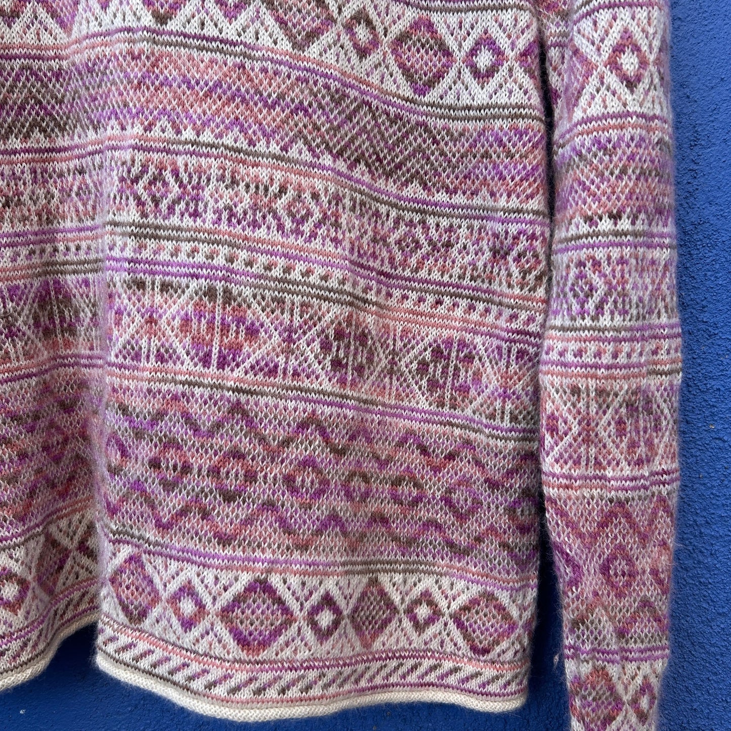 pure alpaca pink multi patterned knit sweater