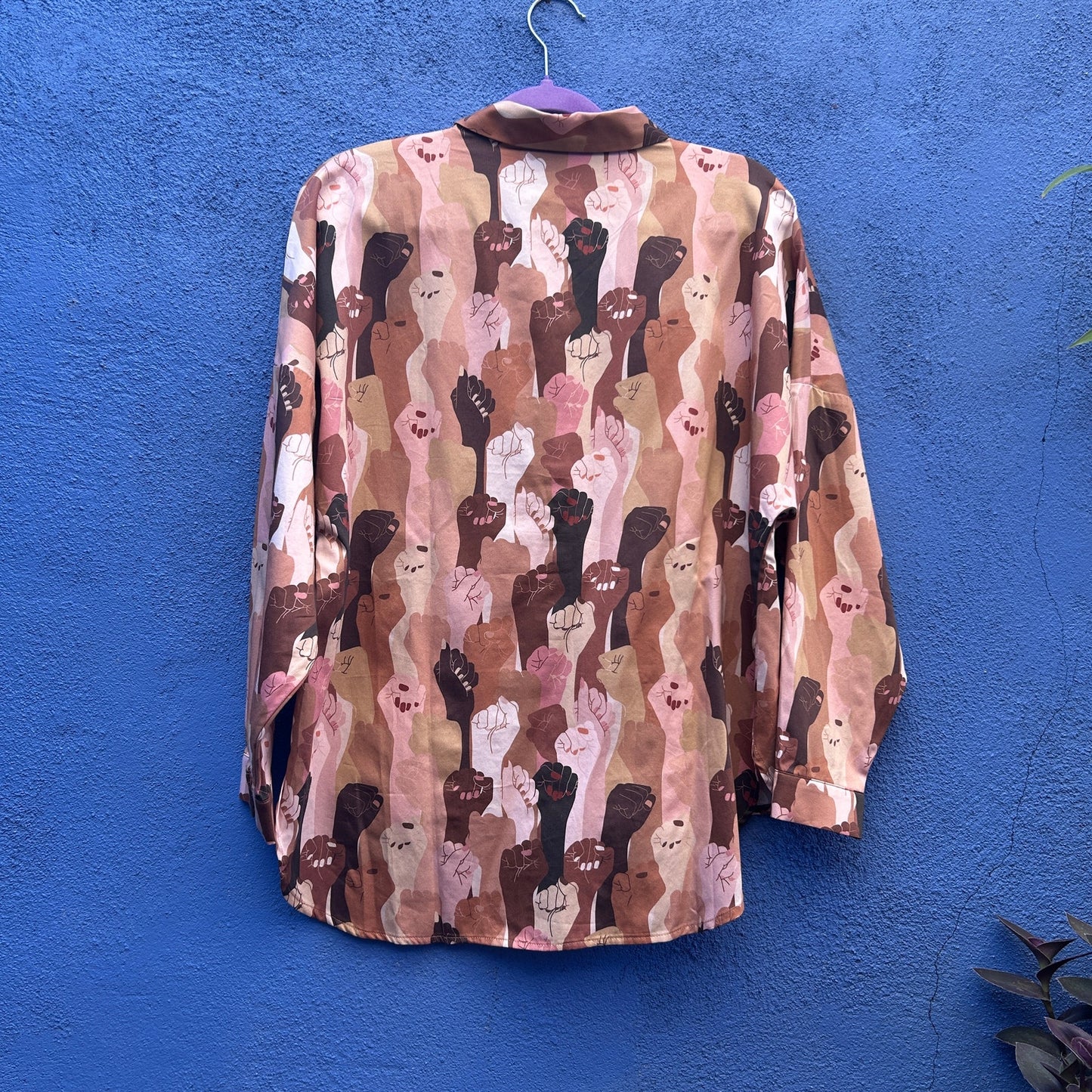 peseta skins print protest fist button up - NWT