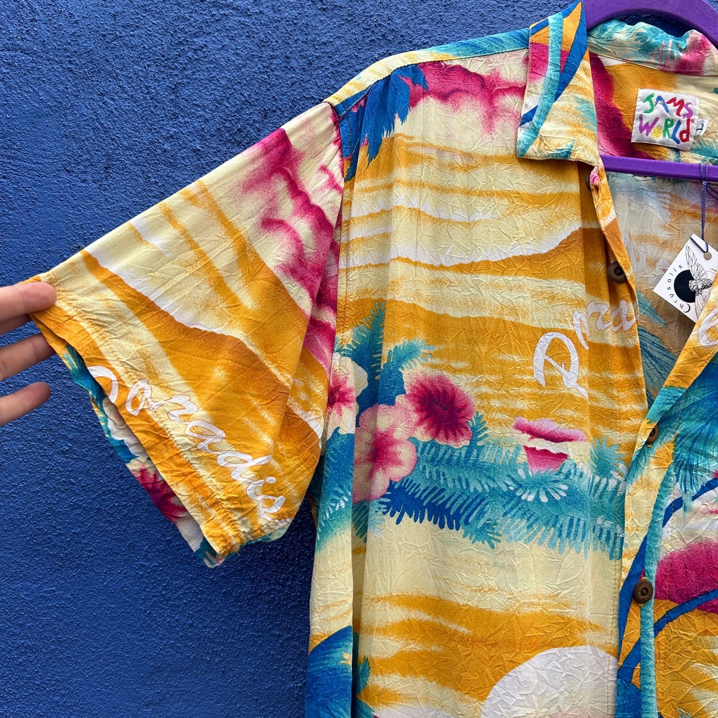 vintage 80s jams world tropical print rayon button up