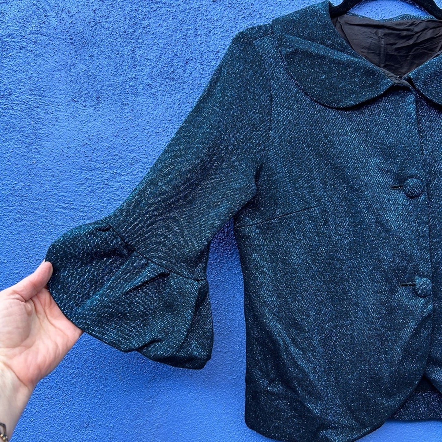 Vintage 60s Blue Metallic 3/4 Sleeve Cropped Cocktail Jacket