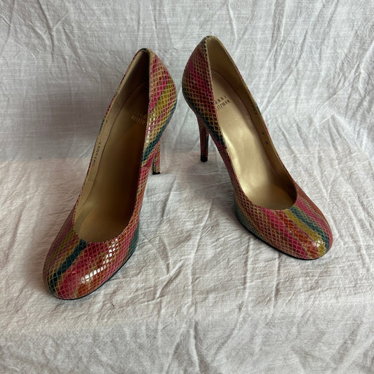 stuart weitzman rainbow snakeskin round toe pumps