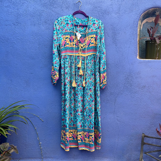 turquoise floral print rayon peasant nap dress