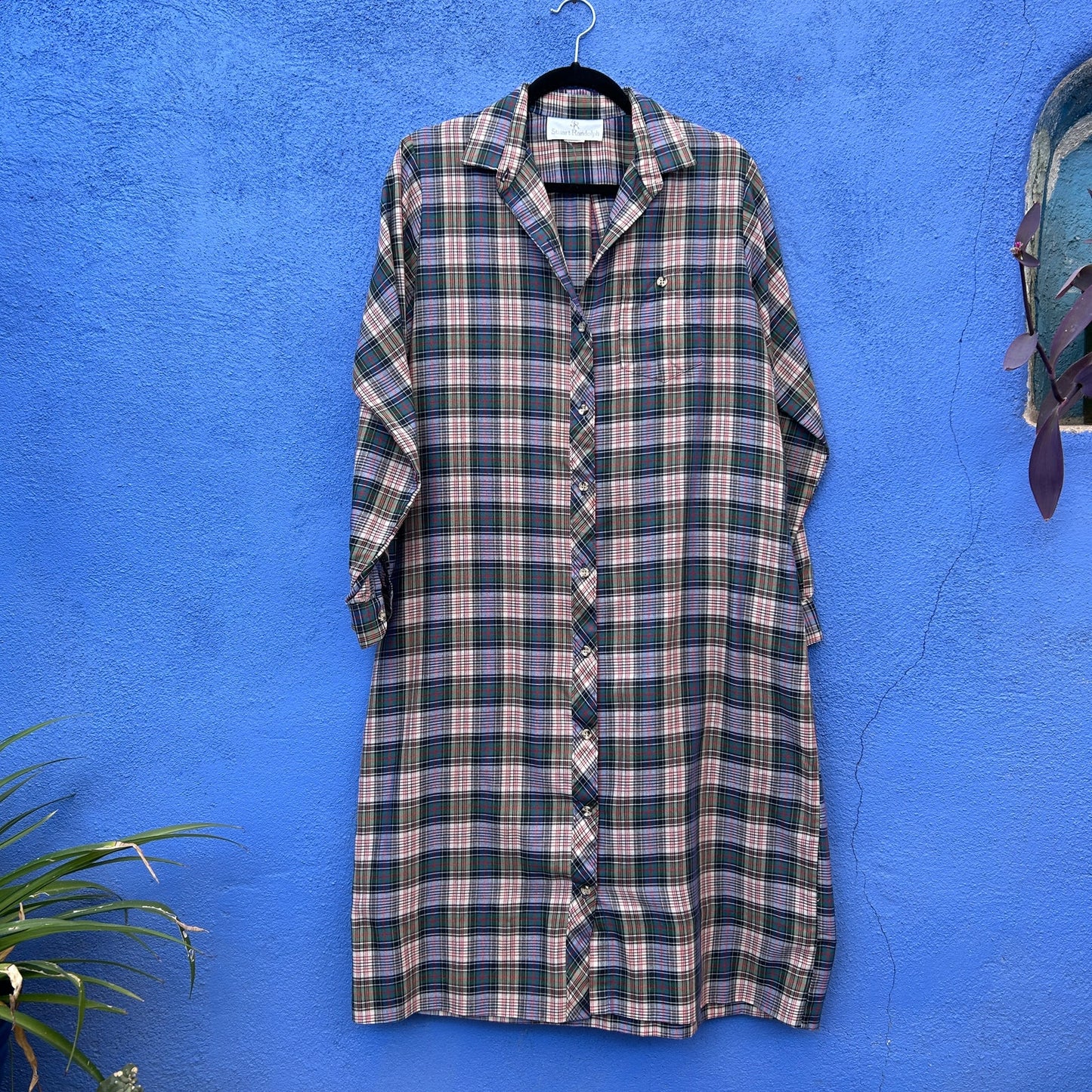 vintage 70s 80s stuart randolph plaid button front shirt dress