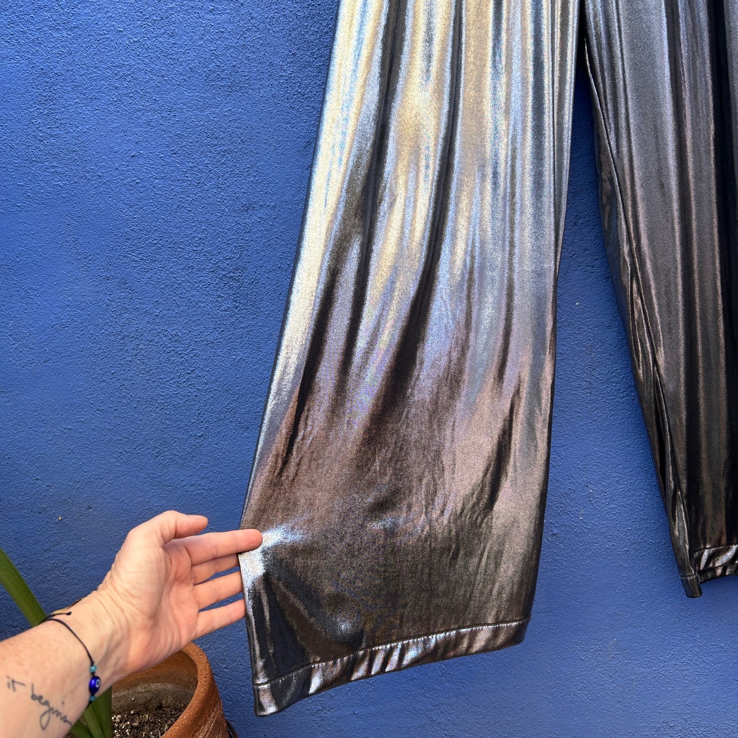 american apparel metallic silver wide leg pant