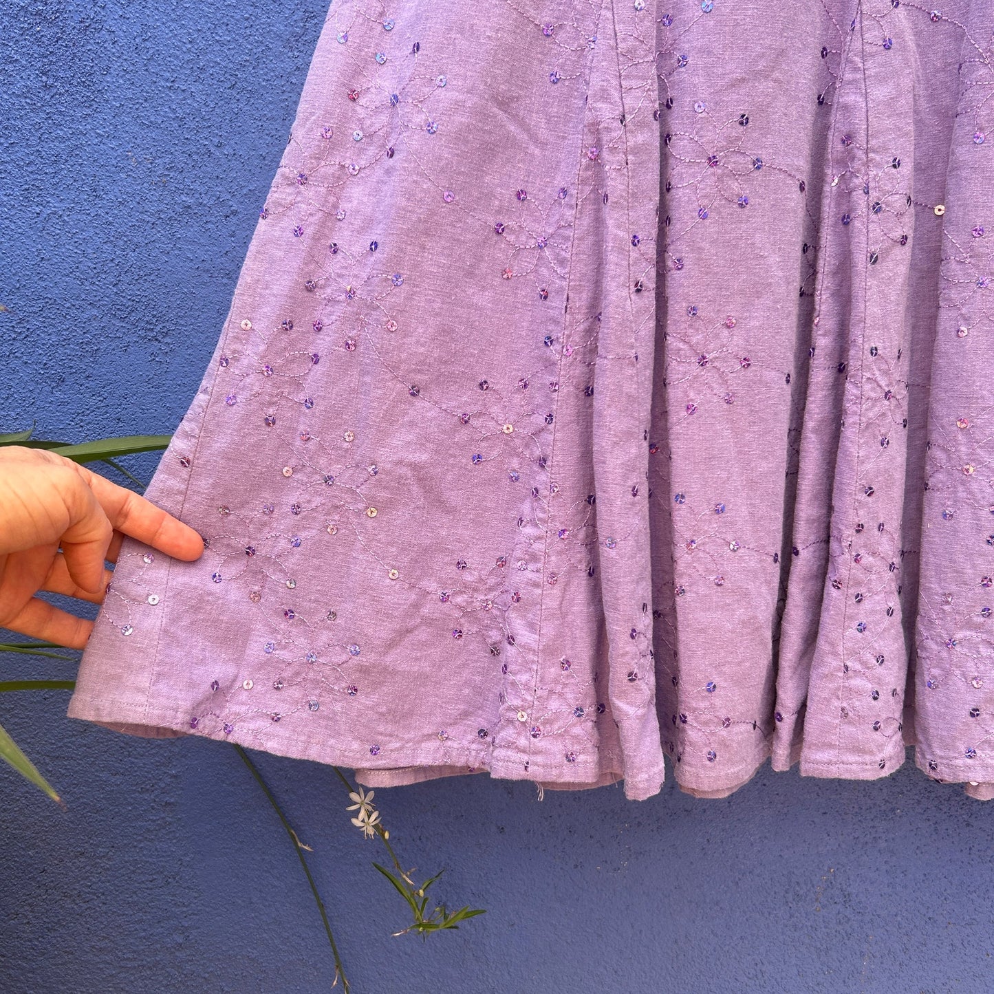 vintage light lavender cotton midi dress with floral embroidery and sequin accents