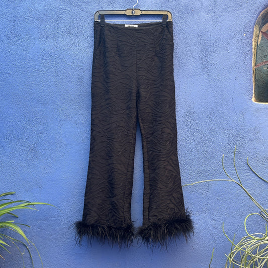 amylynn black textured pant with maribou hem