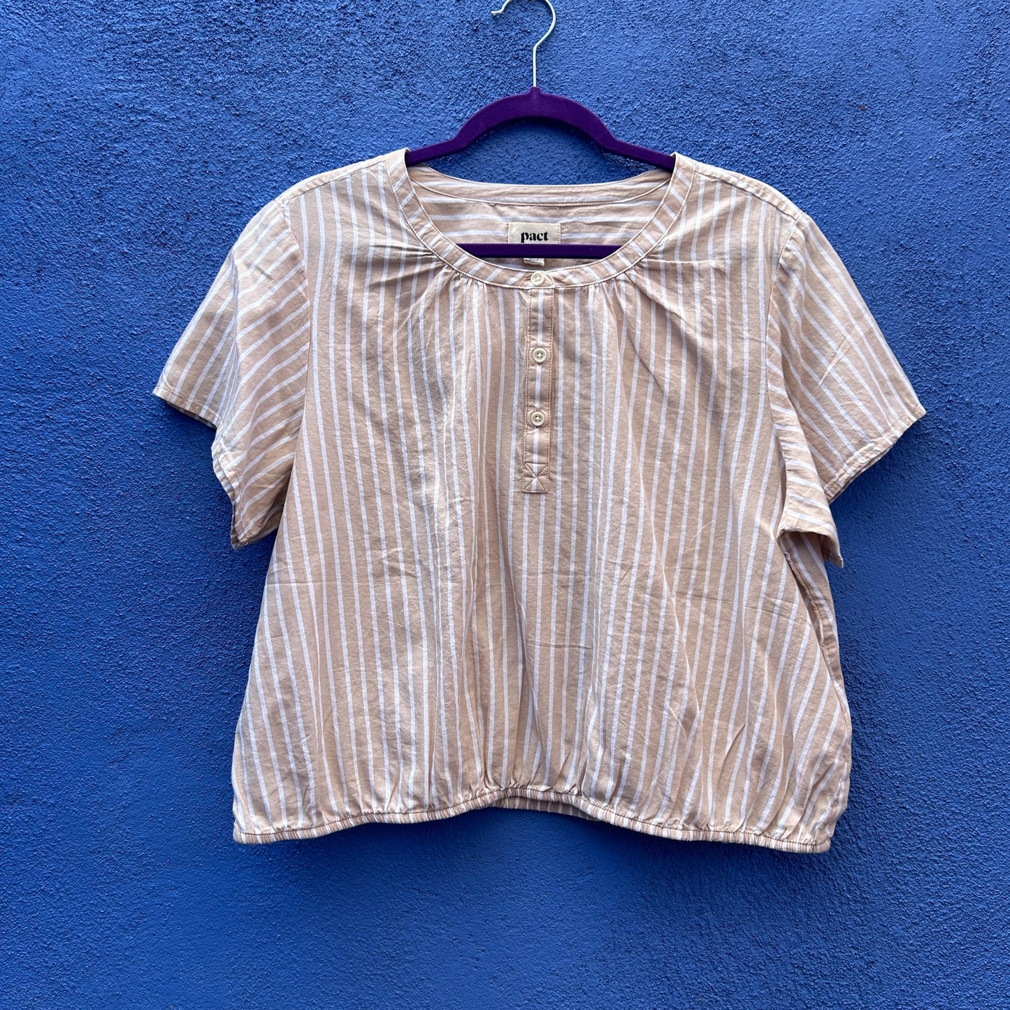 pact beige and white vertical striped organic cotton top