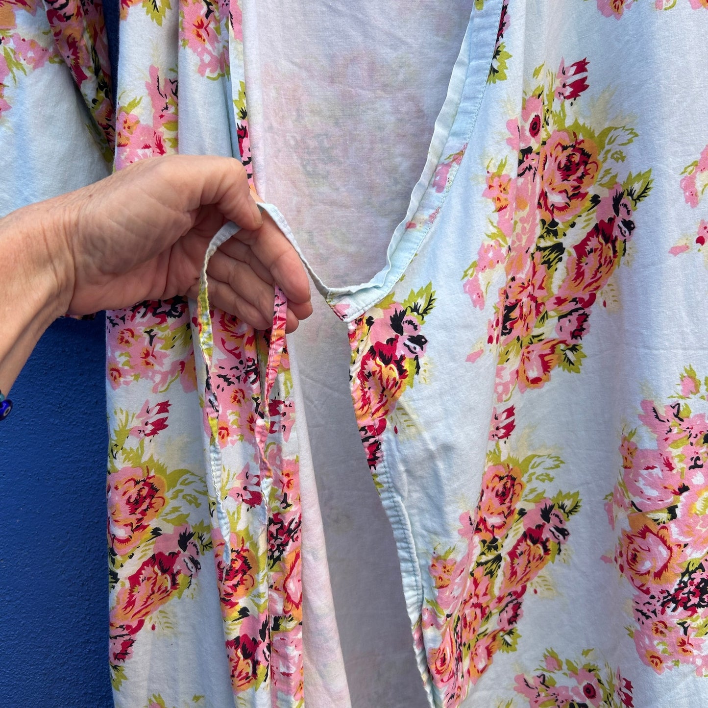 blue and pink cotton floral print robe duster