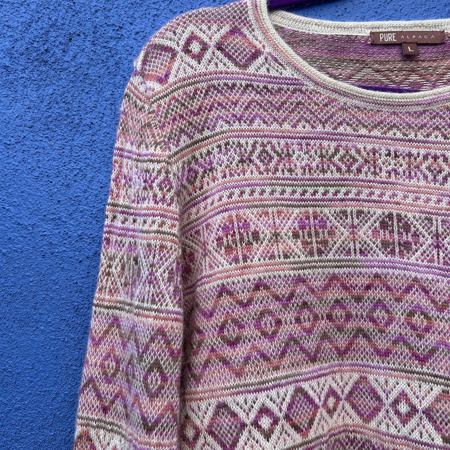 pure alpaca pink multi patterned knit sweater