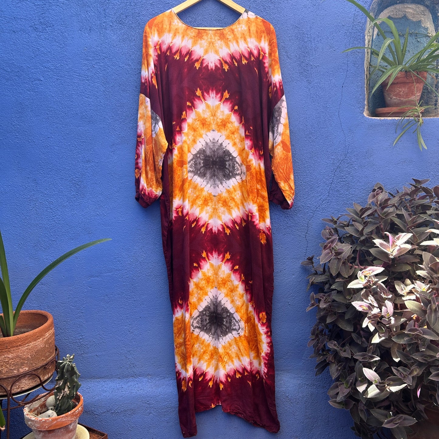 burgundy and goldenrod tie dye maxi dress
