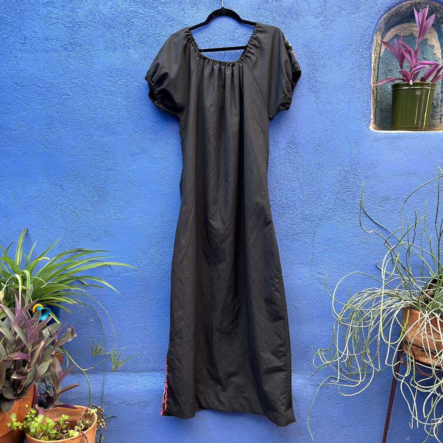 vintage black embroidered peasant maxi dress