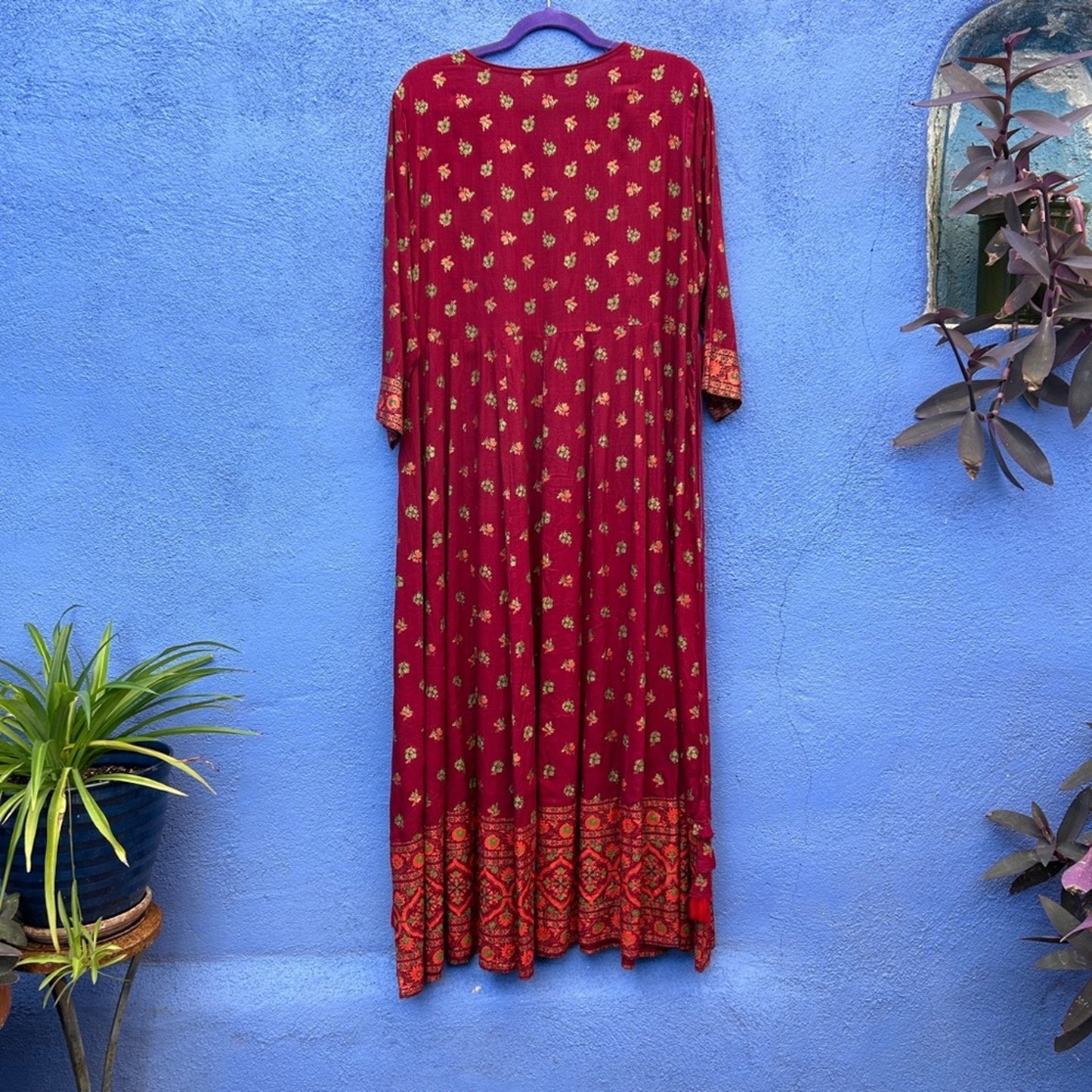 Burgundy Indian Mixed Print Boho Maxi Dress