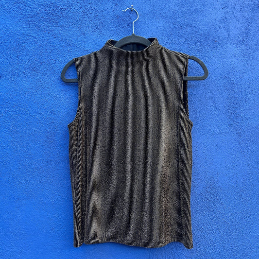 vintage 90s impression sleeveless gold metallic ribbed mockneck top