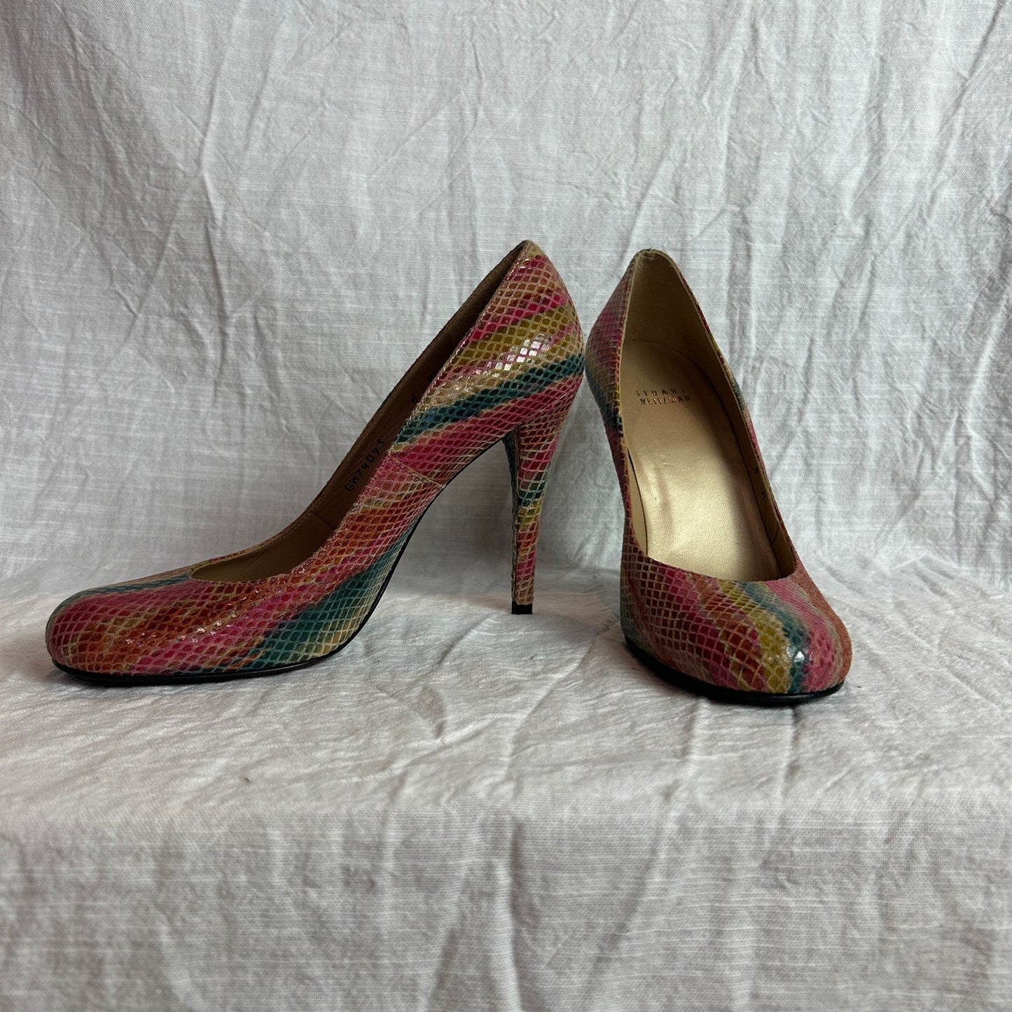 stuart weitzman rainbow snakeskin round toe pumps