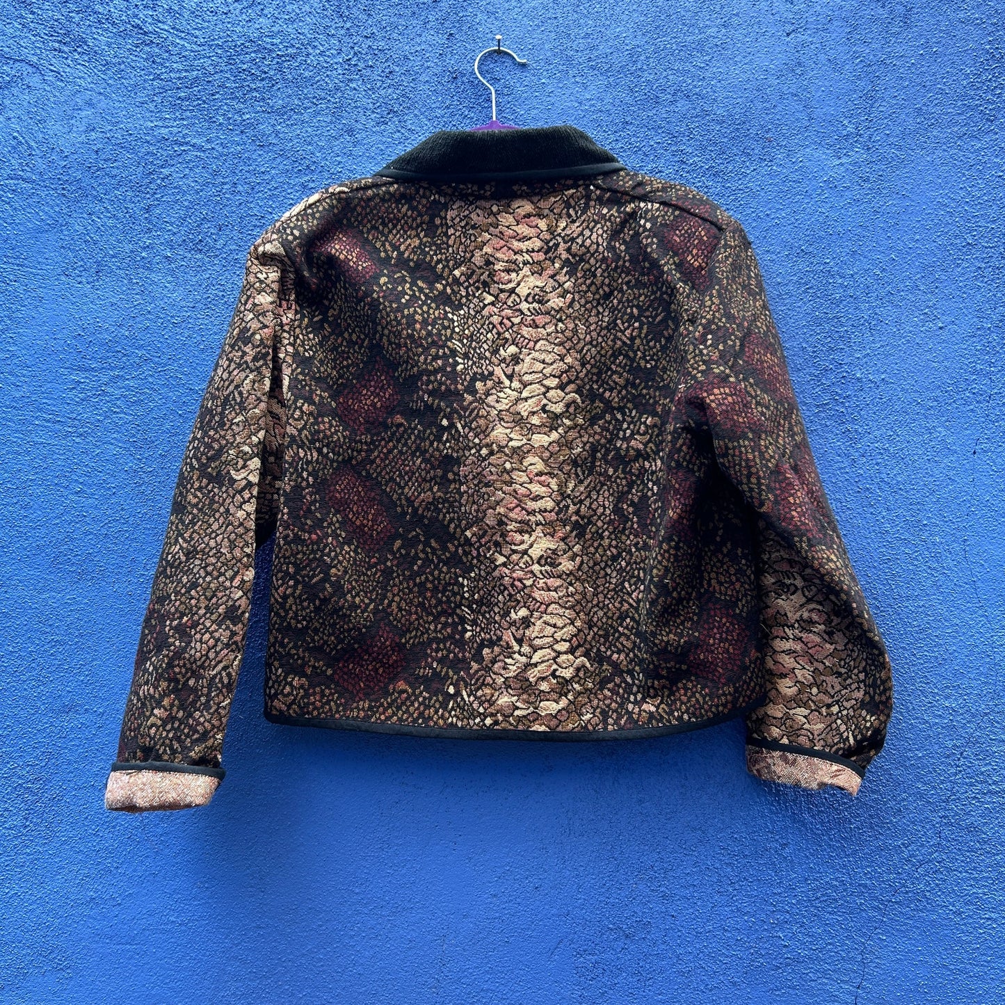 vintage 80s new identity cropped mixed print tapestry jacket