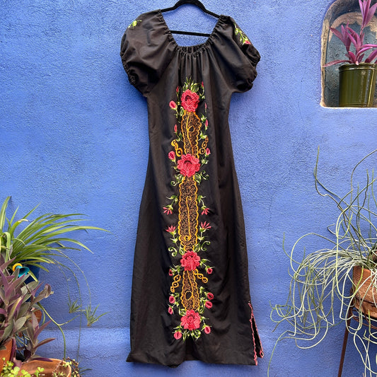 vintage black embroidered peasant maxi dress