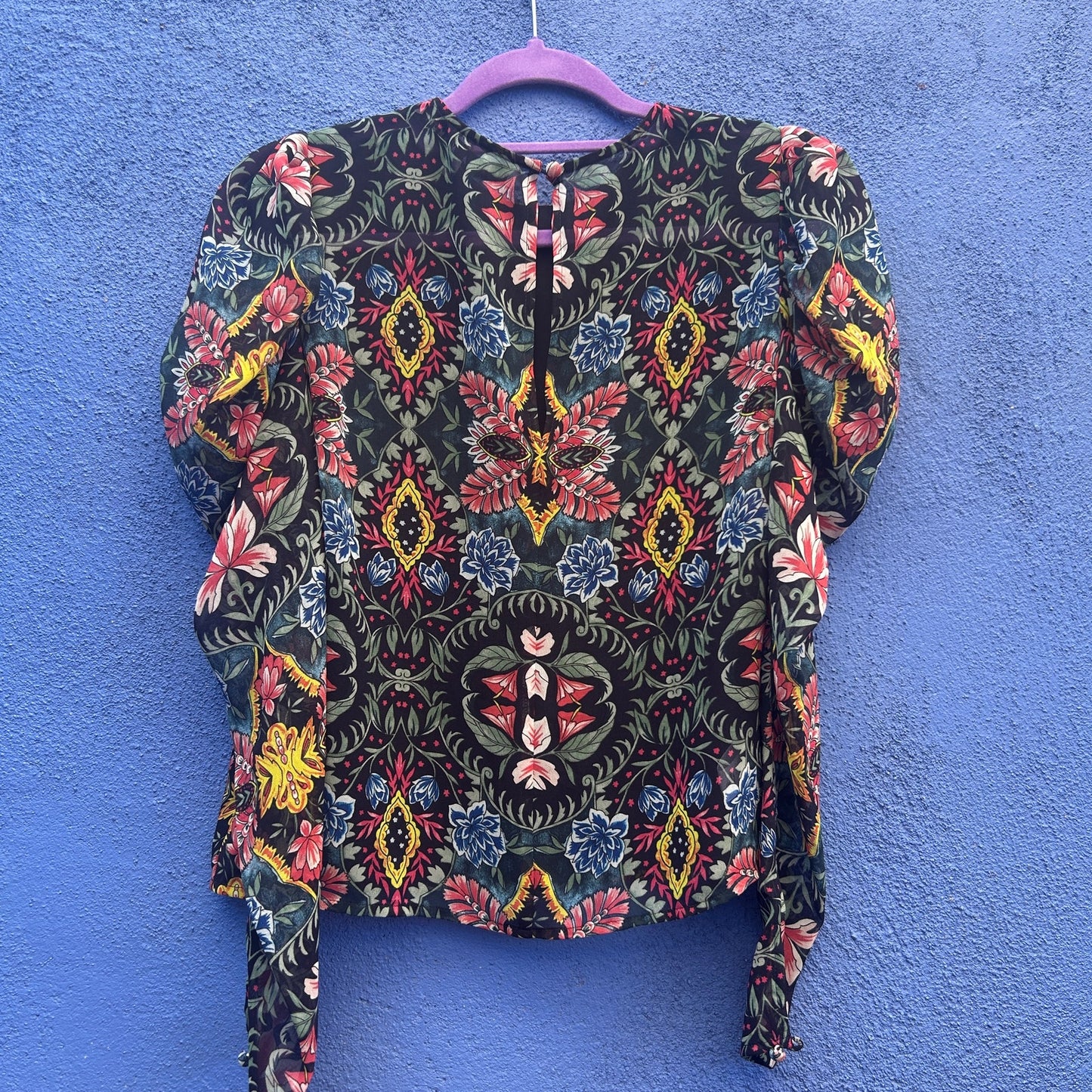 rebecca minkoff sheer poof sleeve floral top