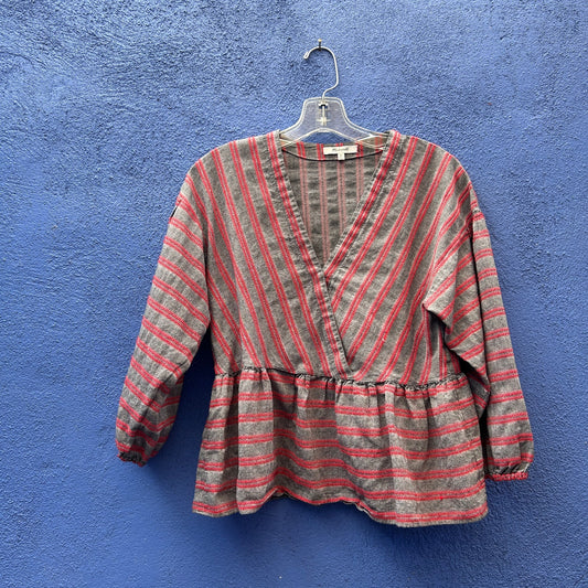 madewell gray and red cotton blend peplum top