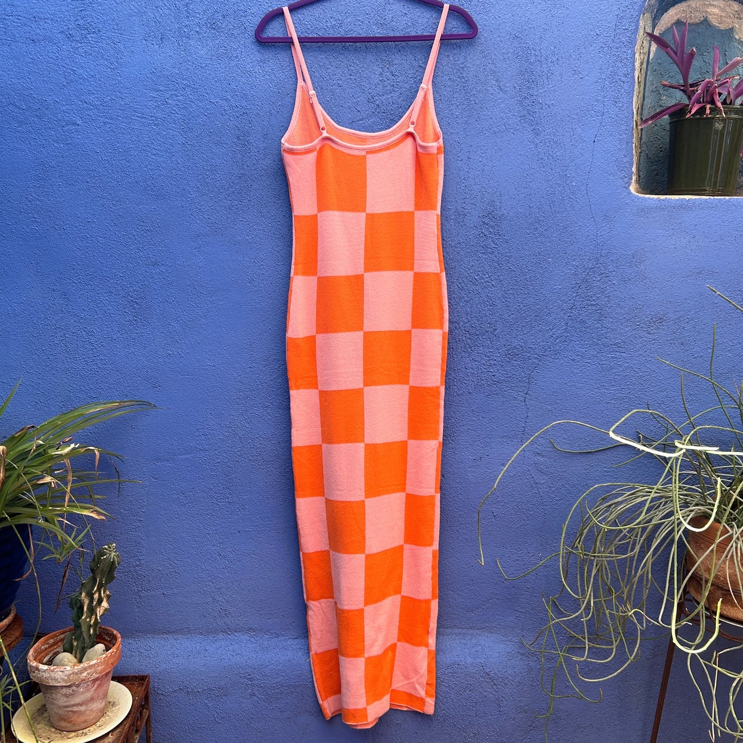 pink and orange block check knit sleeveless maxi dress