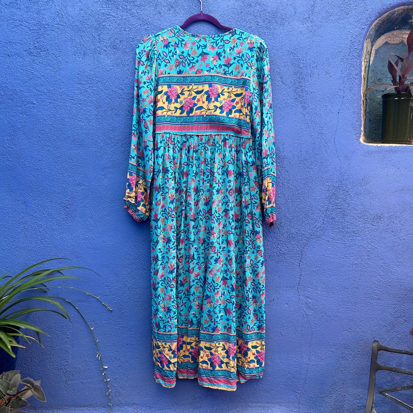 turquoise floral print rayon peasant nap dress