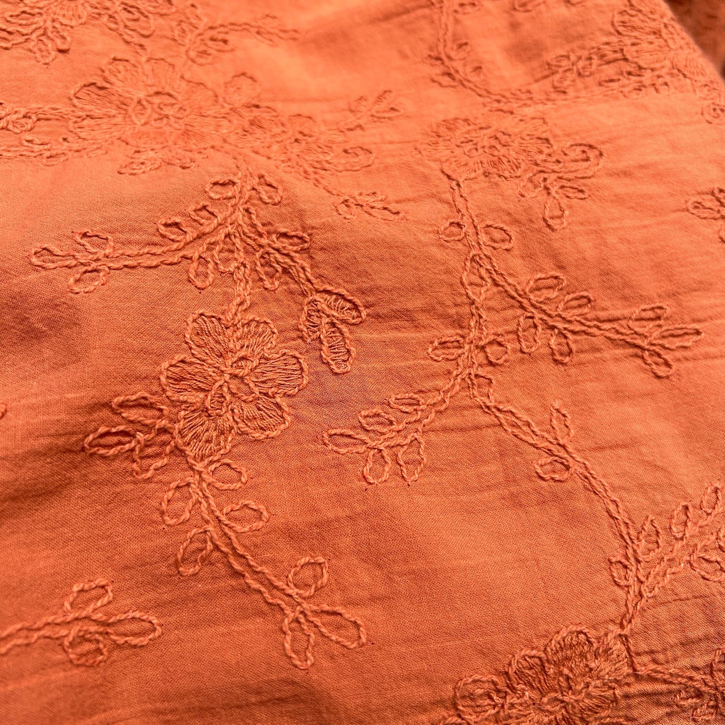 burnt orange embroidered sleeveless cotton market dress