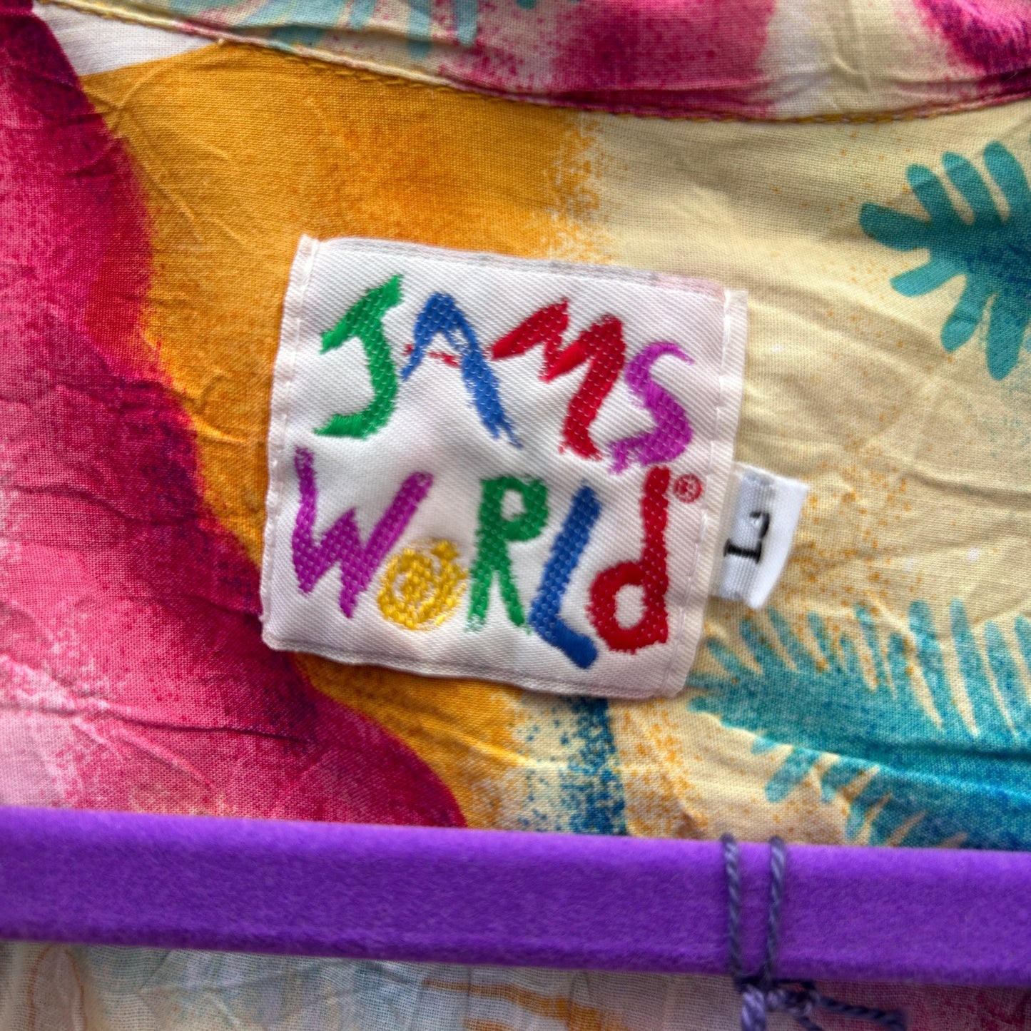 vintage 80s jams world tropical print rayon button up