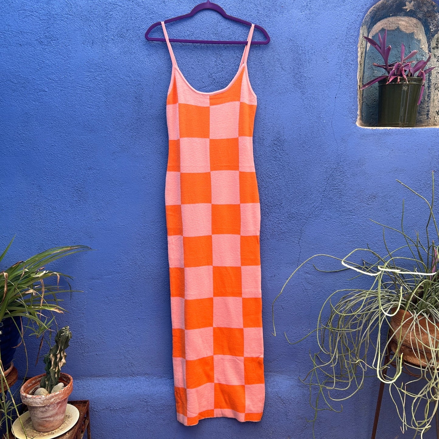 pink and orange block check knit sleeveless maxi dress