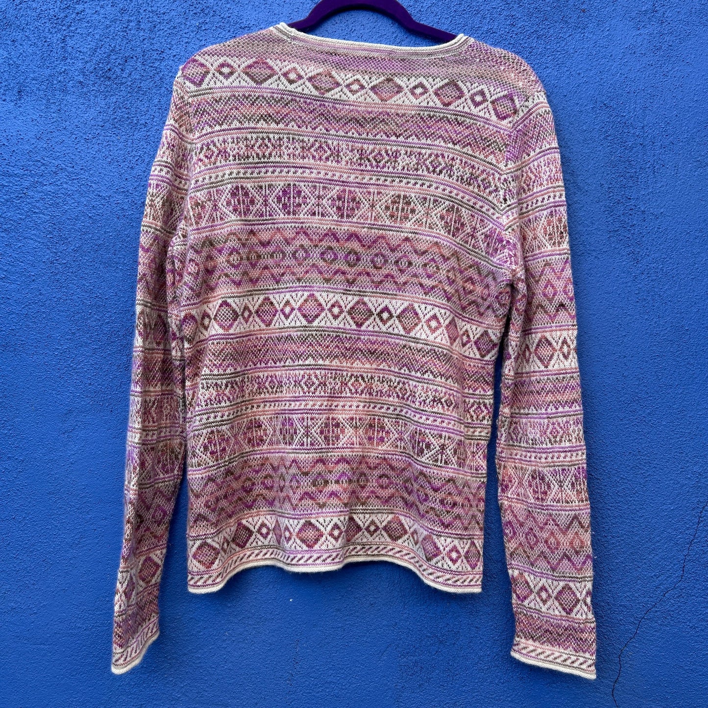 pure alpaca pink multi patterned knit sweater