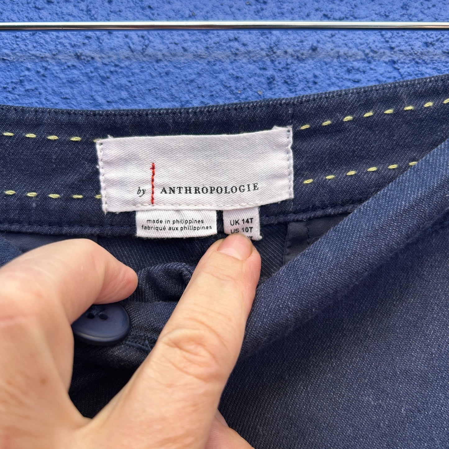 by anthropologie navy linen blend belled leg trousers