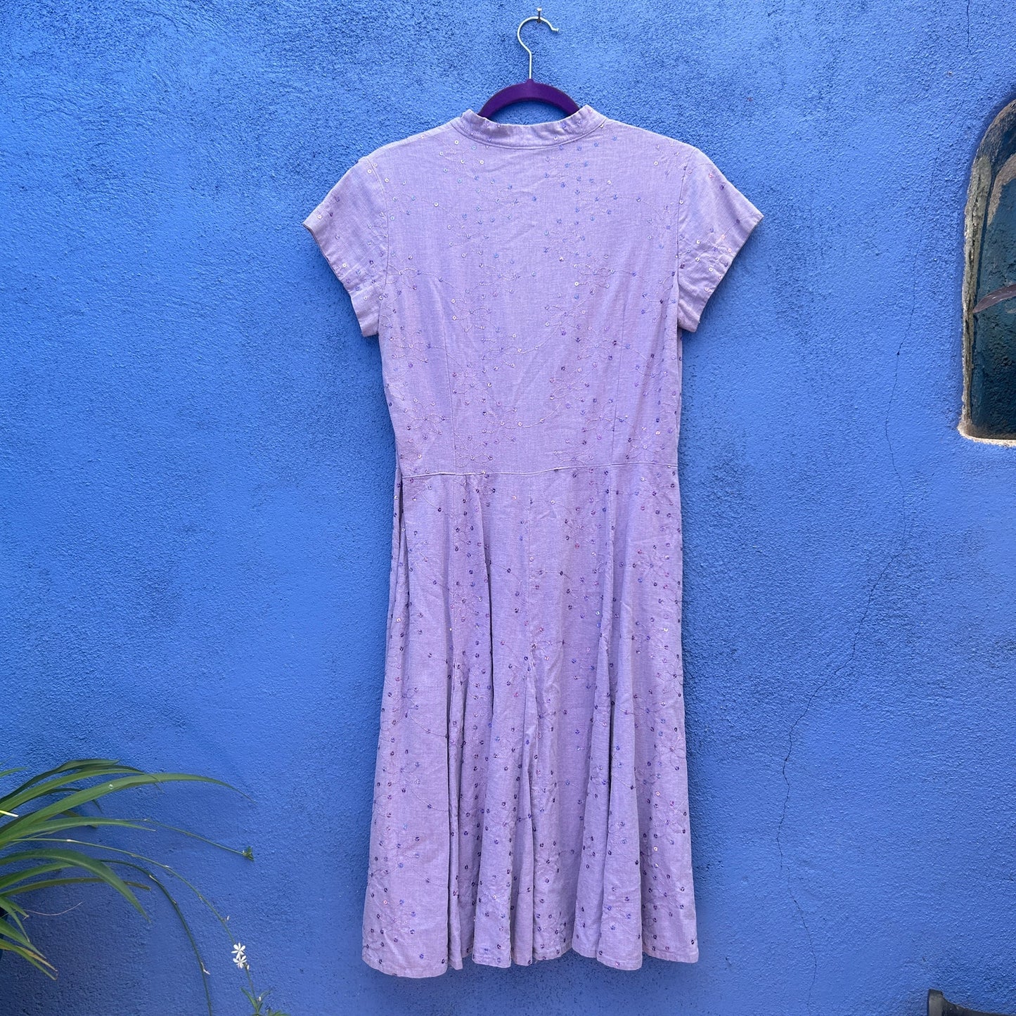 vintage light lavender cotton midi dress with floral embroidery and sequin accents