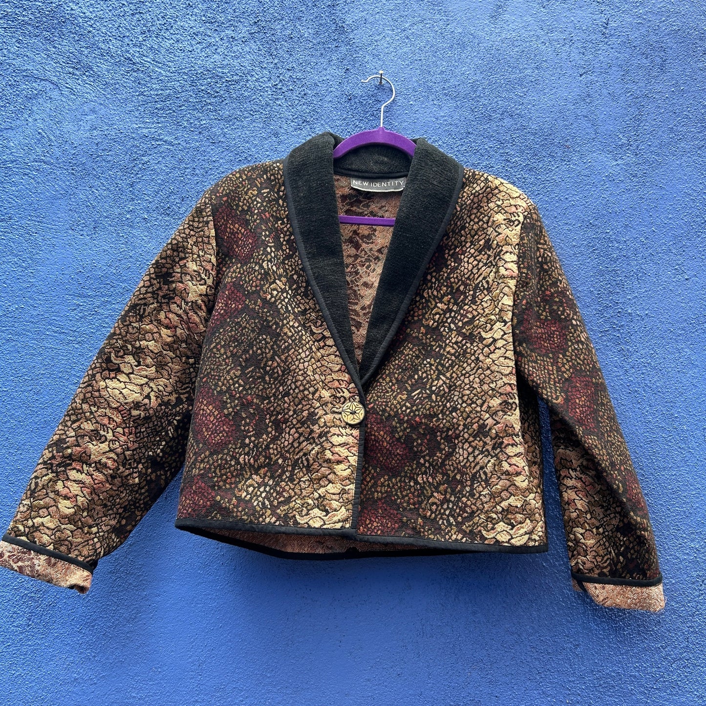 vintage 80s new identity cropped mixed print tapestry jacket