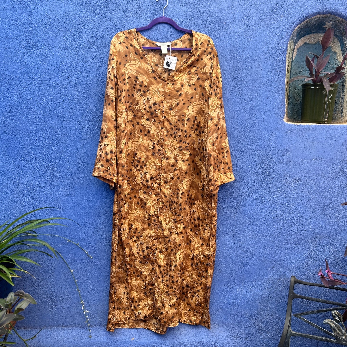 august silk brown mixed print v-neck silk jacquard maxi dress