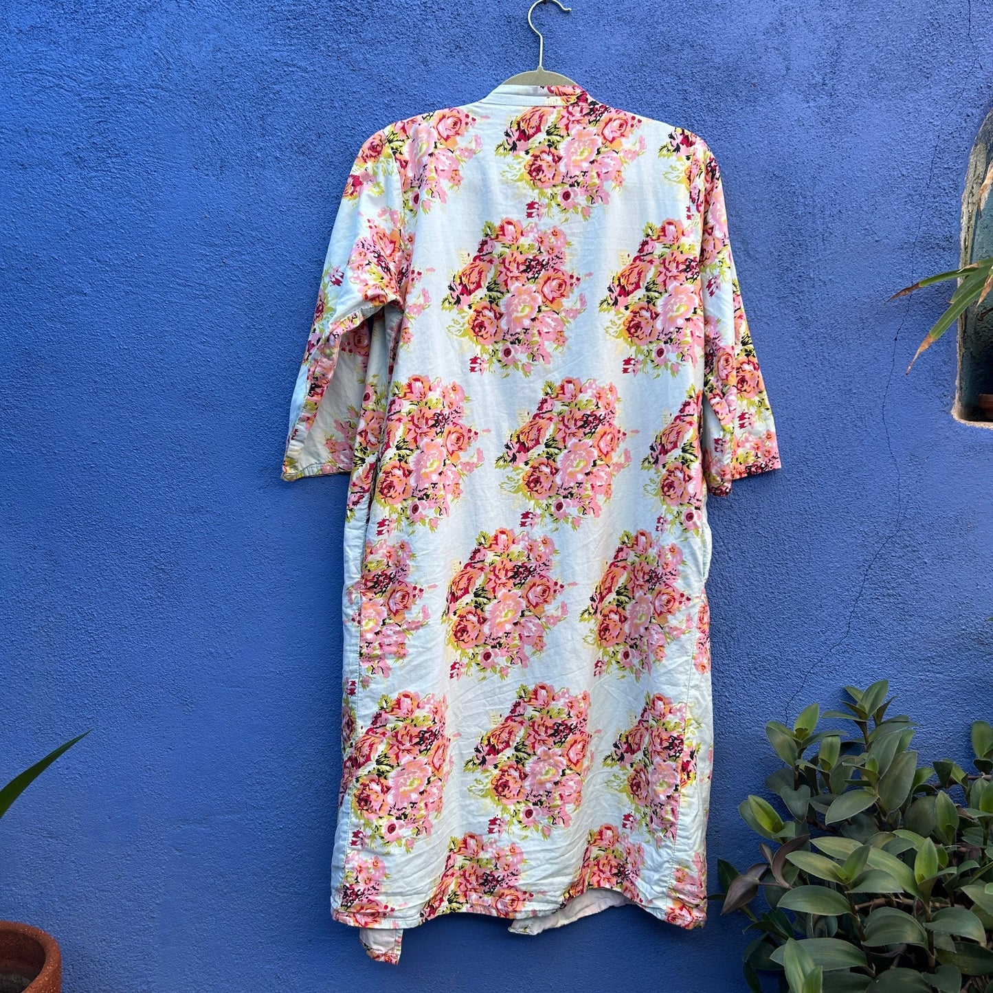 blue and pink cotton floral print robe duster