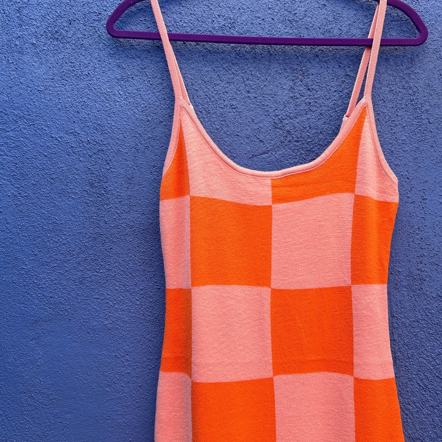 pink and orange block check knit sleeveless maxi dress