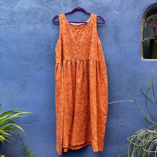 burnt orange embroidered sleeveless cotton market dress