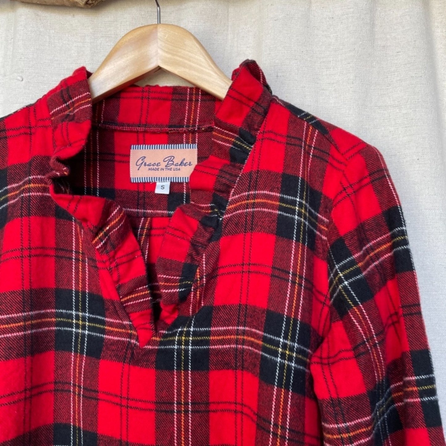 Grace Baker Red Plaid Flannel Ruffle Neck Tunic