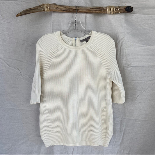 Halston Heritage Cream Raglan Cut Ribbed 3/4 Sleeve Knit Sweater Top