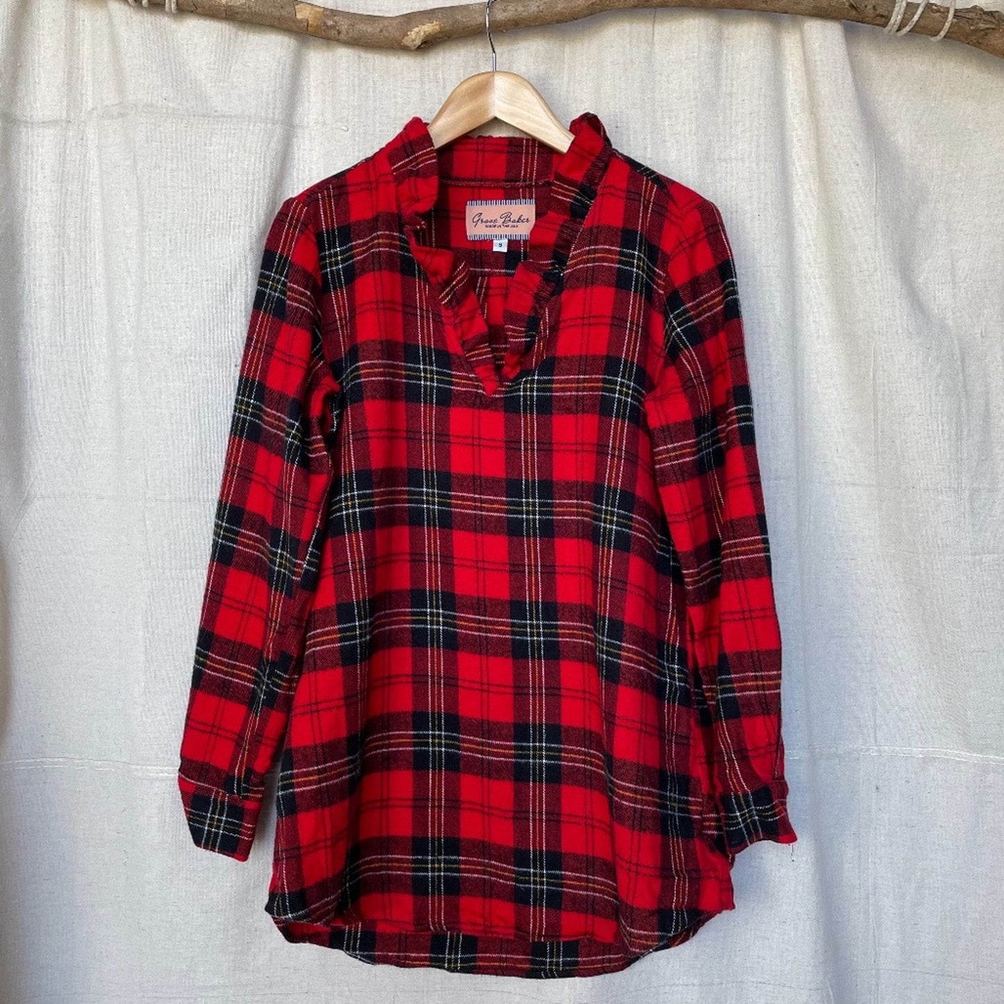 Grace Baker Red Plaid Flannel Ruffle Neck Tunic